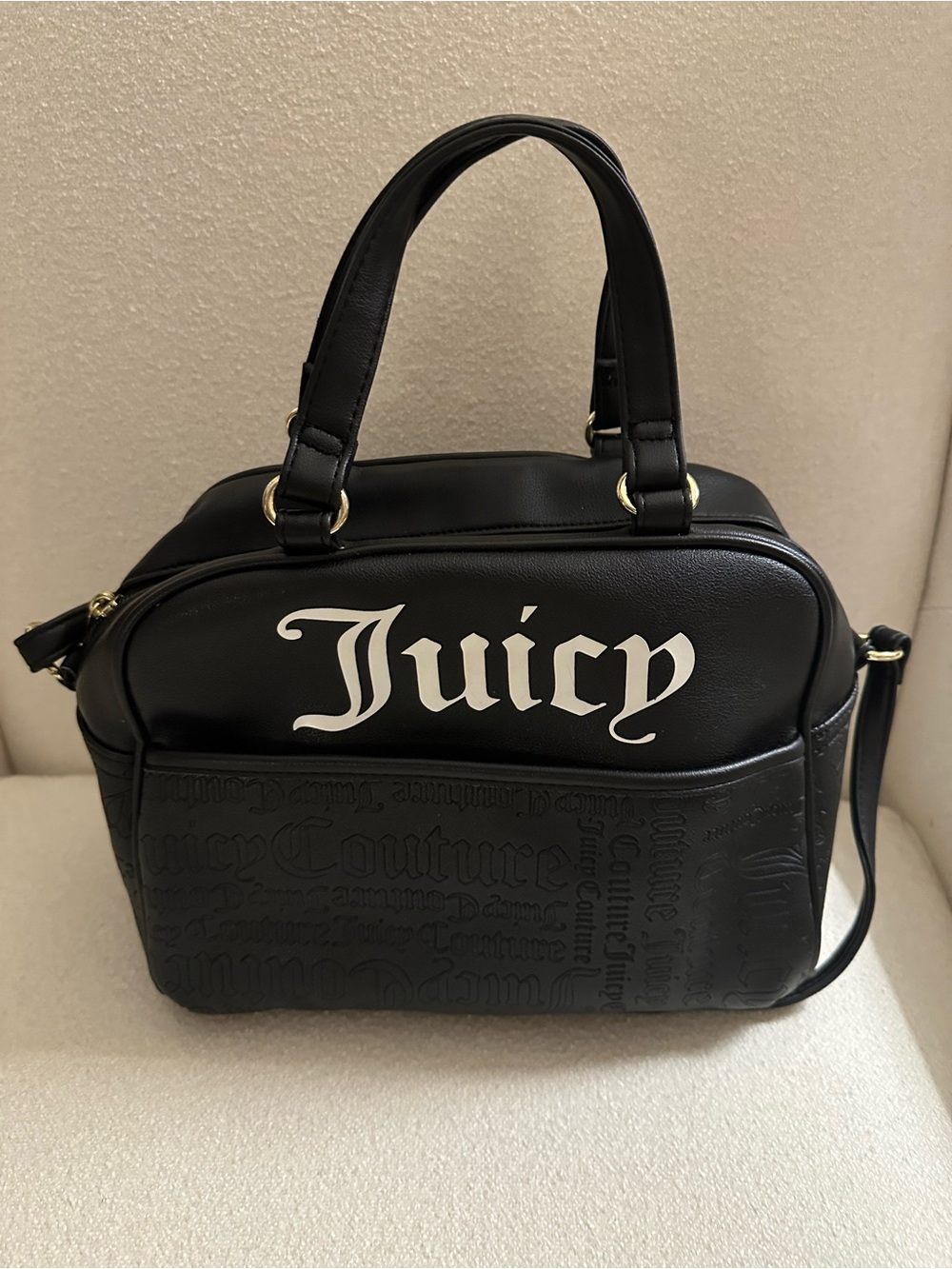 Juicy Couture “Call It Out” Black Bowling Satchel with White Logo